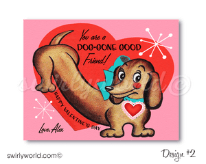 Fall in LOVE with these adorable 1950s vintage style puppy Dog Valentine's Day card digital download designs!  Weiner Dog image