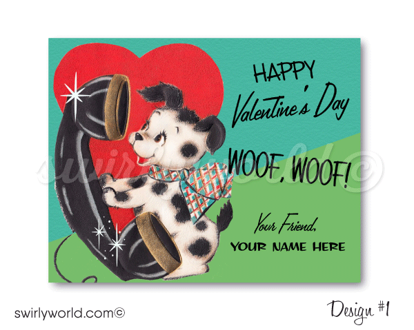 Fall in LOVE with these adorable 1950s vintage style puppy Dog Valentine's Day card digital download designs! 