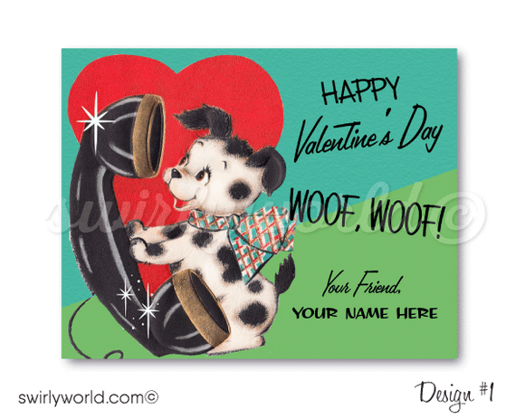 1950s vintage puppy dog valentine's day cards for digital download. 1950s retro weiner dog valentine's day cards. Gender neutral Valentine cards for kids.