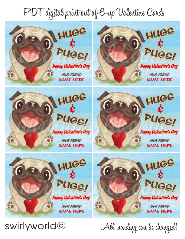 Hugs and Pugs Fawn Pug Puppy Dog Valentine's Day Card Digital Download. cute fawn Pug puppy gender neutral Valentine.