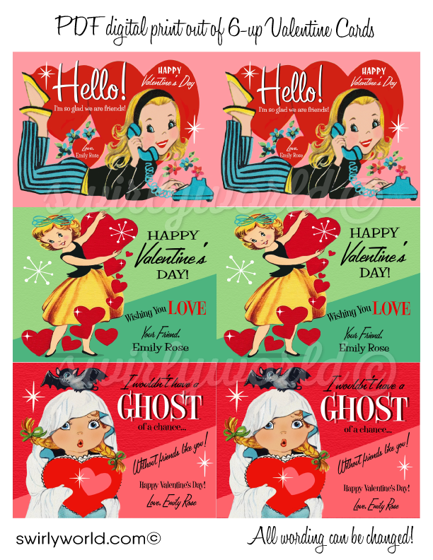Printage digital 1950s retro vintage Valentine's day cards for girls. Retro Vintage 1950s Mid-Century Valentine's Day Card Digital Printable Downloads