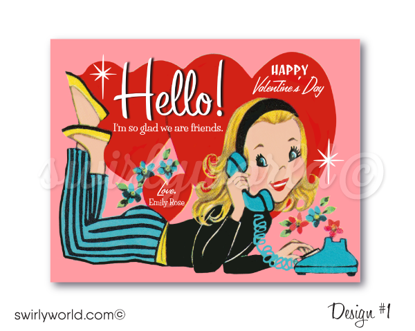 Printage digital 1950s retro vintage Valentine's day cards for girls. Retro Vintage 1950s Mid-Century Valentine's Day Card Digital Printable Downloads