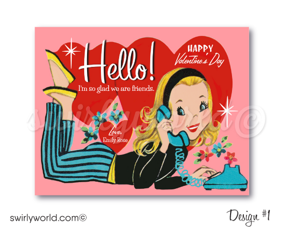 Printage digital 1950s retro vintage Valentine's day cards for girls. Retro Vintage 1950s Mid-Century Valentine's Day Card Digital Printable Downloads