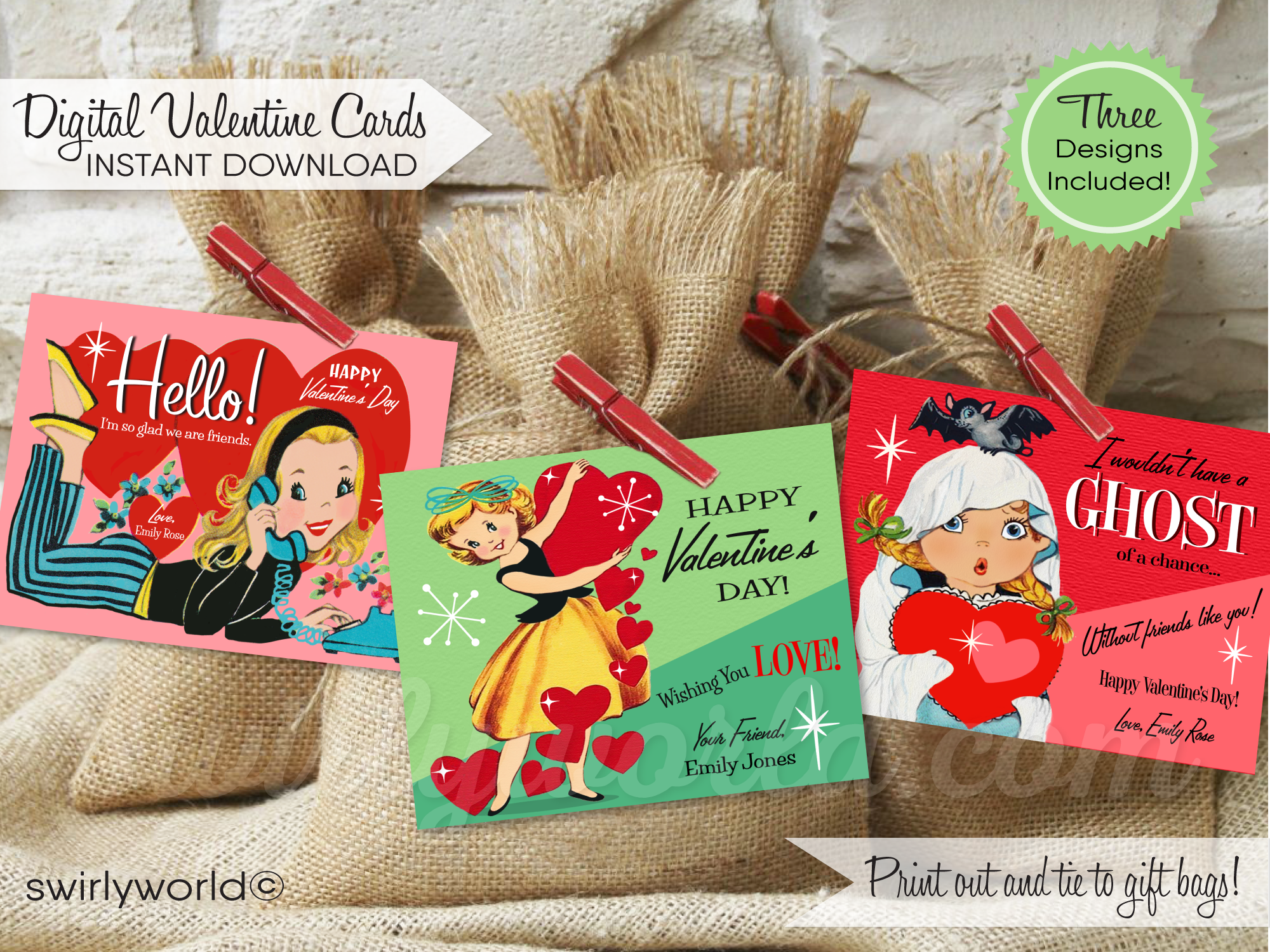 Vintage 1950s Kitschy Sewing Girl Valentine's Day Card Digital Printab -  swirly-world-design
