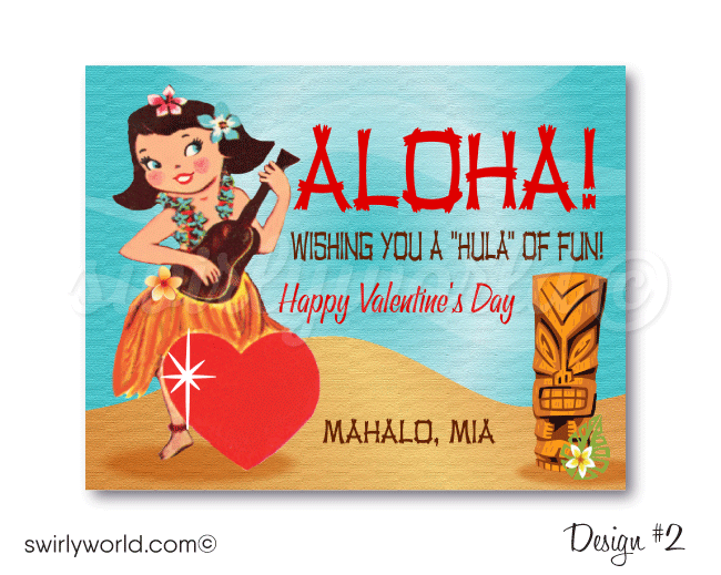 1950s vintage mermaid valentine's day cards for girls. 50s style vintage Hawaiian hula girl Valentine's Day cards for girls school classroom.