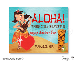 1950s vintage mermaid valentine's day cards for girls. 50s style vintage Hawaiian hula girl Valentine's Day cards for girls school classroom.