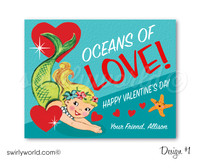 A sensational collection of 1950s-1960s "Oceans of Love" vintage Mermaid and Hawaiian Hula girl theme retro Valentine's Day card designs for digital download. 