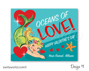 A sensational collection of 1950s-1960s "Oceans of Love" vintage Mermaid and Hawaiian Hula girl theme retro Valentine's Day card designs for digital download. 