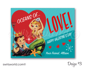 1950s vintage mermaid valentine's day cards for girls. 50s style vintage Hawaiian hula girl Valentine's Day cards for girls school classroom.