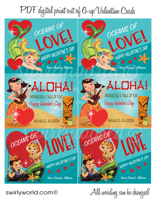1950s vintage mermaid valentine's day cards for girls. 50s style vintage Hawaiian hula girl Valentine's Day cards for girls school classroom.