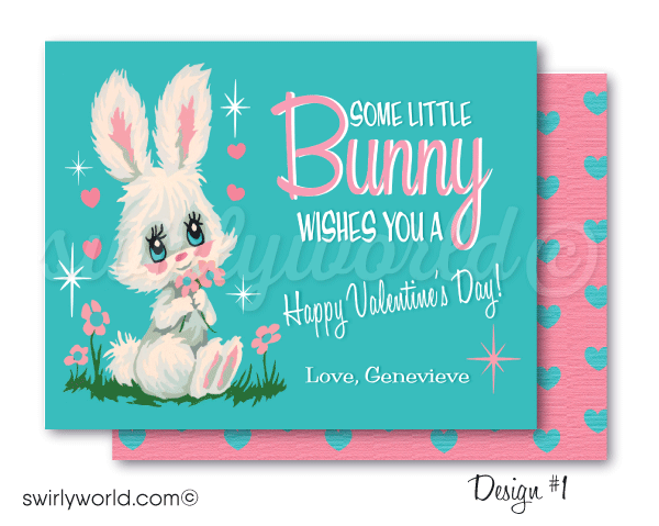 DIGITAL 1950s mid-century modern Valentine's Day cards for school classroom. 1960s retro mod vintage Valentine's day cards. Vintage retro mod kittens and bunny 