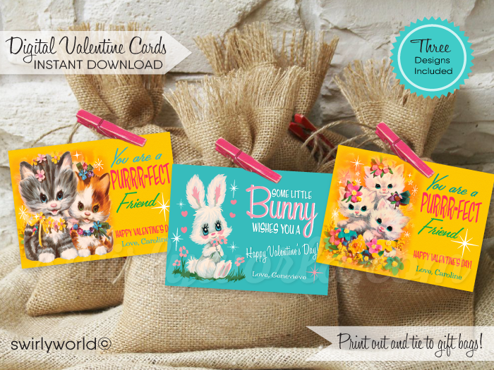 DIGITAL 1950s mid-century modern Valentine's Day cards for school classroom. 1960s retro mod vintage Valentine's day cards. Vintage retro mod kitschy kittens and bunny 