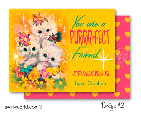 DIGITAL 1950s mid-century modern Valentine's Day cards for school classroom. 1960s retro mod vintage Valentine's day cards. Vintage retro kitsch mod kittens and bunny 