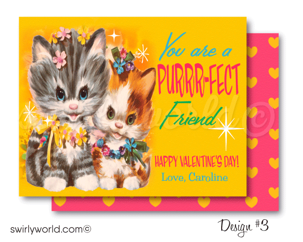 DIGITAL 1950s mid-century modern Valentine's Day cards for school classroom. 1960s retro mod vintage Valentine's day cards. Vintage retro mod kittens and bunny 