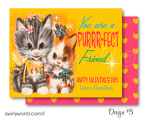 DIGITAL 1950s mid-century modern Valentine's Day cards for school classroom. 1960s retro mod vintage Valentine's day cards. Vintage retro mod kittens and bunny 