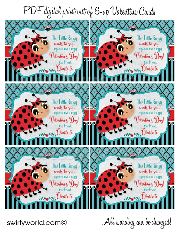 retro 1950s cute ladybug valentine's day cards for school classroom. African american brown girl valentine's day cards for digital download.
