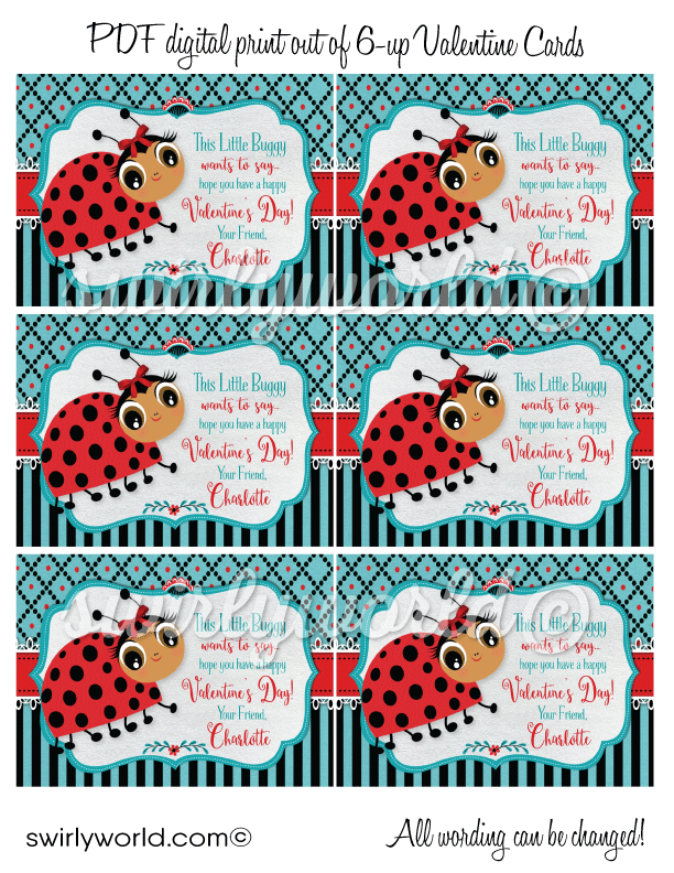 retro 1950s cute ladybug valentine's day cards for school classroom. African american brown girl valentine's day cards for digital download.