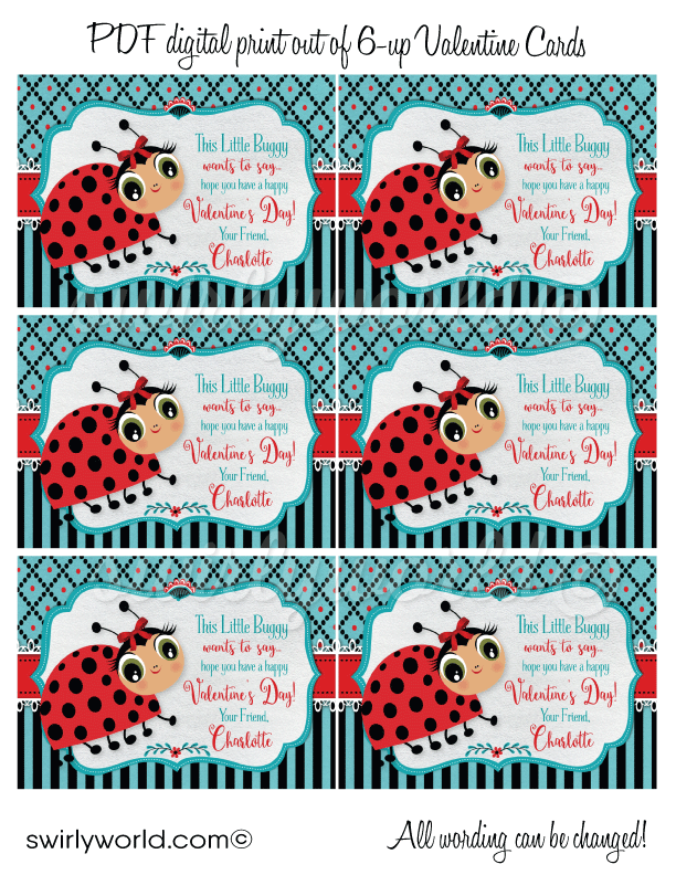 retro 1950s cute ladybug valentine's day cards for school classroom. African american brown girl valentine's day cards for digital download.