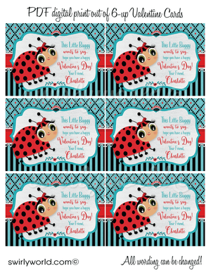 retro 1950s cute ladybug valentine's day cards for school classroom. African american brown girl valentine's day cards for digital download.