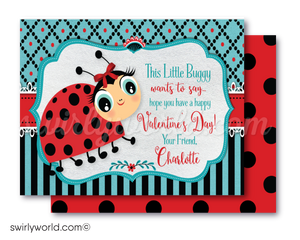 retro 1950s cute ladybug valentine's day cards for school classroom. African american brown girl valentine's day cards for digital download.
