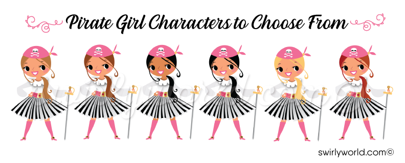 Girl's Pirate Princess Pink and Black Birthday Party Invitation Digital Download Bundle