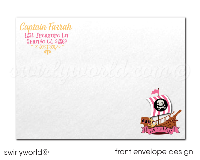 Girl's Pirate Princess Pink and Black Birthday Party Invitation Digital Download Bundle