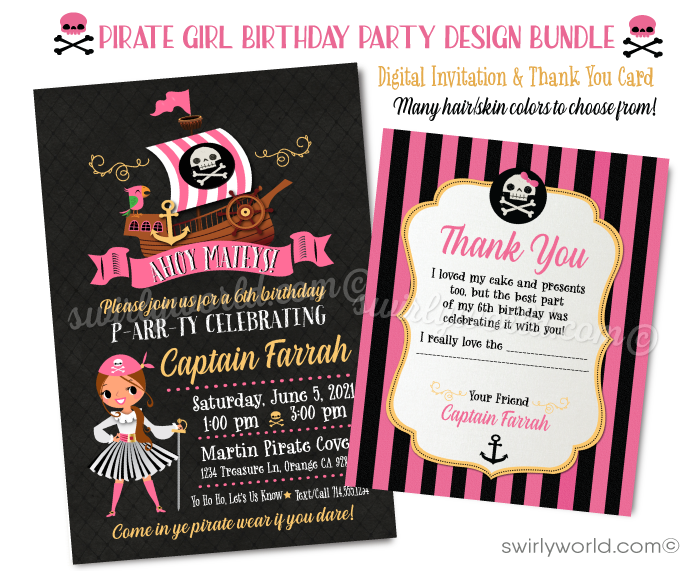 princess pirate pink and black striped birthday invitations. Girl pirate birthday invitations for digital download. Pirate girl birthday invitations.