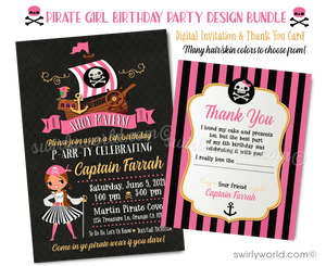 princess pirate pink and black striped birthday invitations. Girl pirate birthday invitations for digital download. Pirate girl birthday invitations.