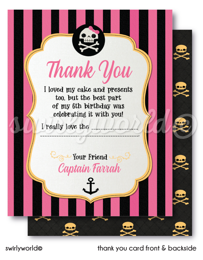 princess pirate pink and black striped birthday invitations. Girl pirate birthday invitations for digital download. Pirate girl birthday invitations.