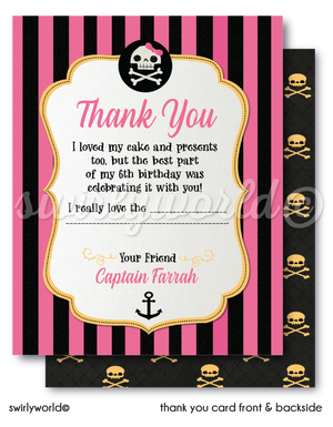princess pirate pink and black striped birthday invitations. Girl pirate birthday invitations for digital download. Pirate girl birthday invitations.