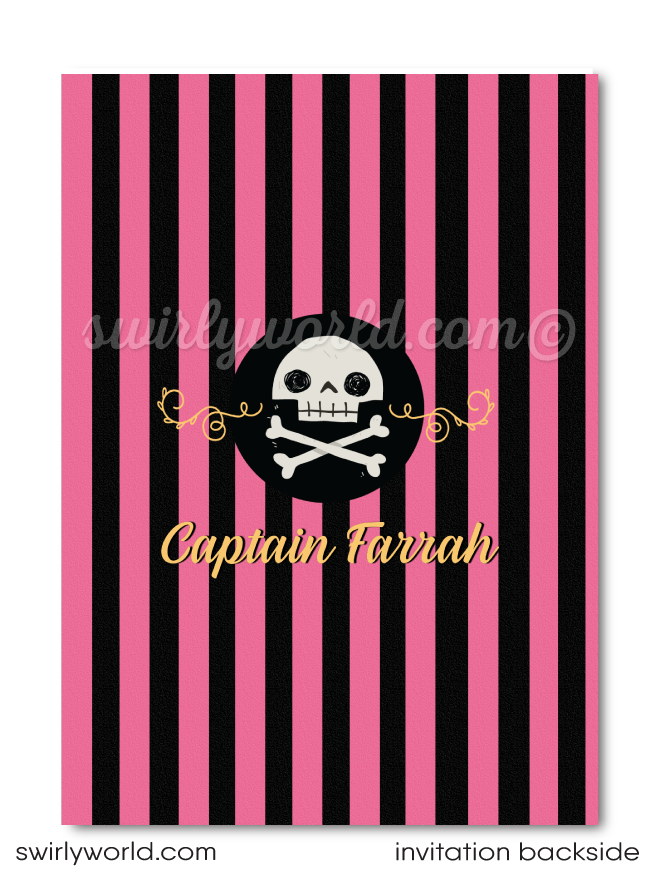 princess pirate pink and black striped birthday invitations. Girl pirate birthday invitations for digital download. Pirate girl birthday invitations.