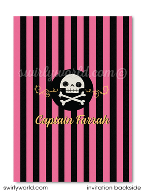 princess pirate pink and black striped birthday invitations. Girl pirate birthday invitations for digital download. Pirate girl birthday invitations.