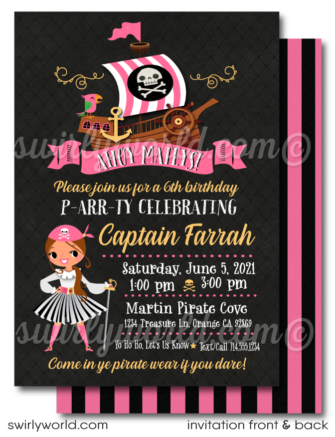princess pirate pink and black striped birthday invitations. Girl pirate birthday invitations for digital download. Pirate girl birthday invitations. 