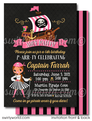 princess pirate pink and black striped birthday invitations. Girl pirate birthday invitations for digital download. Pirate girl birthday invitations. 