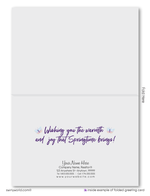 Charming spring card with violet flowers, white picket fence, and retro “Happy Spring” lettering. Includes space for your realtor branding. Perfect for clients!