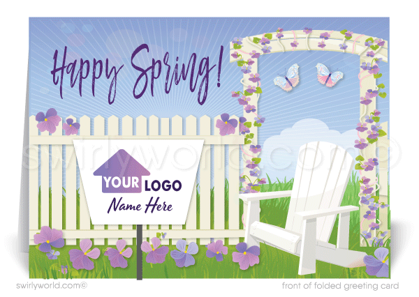 Charming spring card with violet flowers, white picket fence, and retro “Happy Spring” lettering. Includes space for your realtor branding. Perfect for clients!