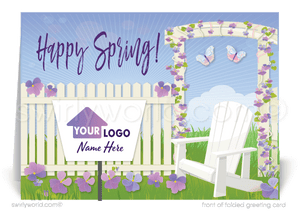 Charming spring card with violet flowers, white picket fence, and retro “Happy Spring” lettering. Includes space for your realtor branding. Perfect for clients!