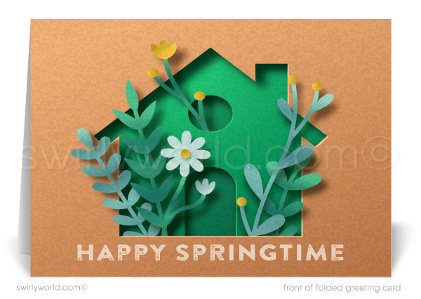 Fresh spring card featuring a green modern house with daisies and leafy accents on a kraft-style backdrop. Customizable message and realtor-friendly design!