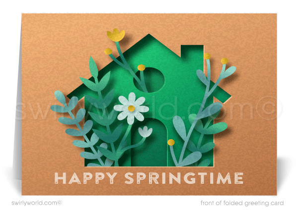 Beautiful springtime green house with daisy flowers coming out of chimney happy Spring greeting cards for Realtor® real estate marketing.