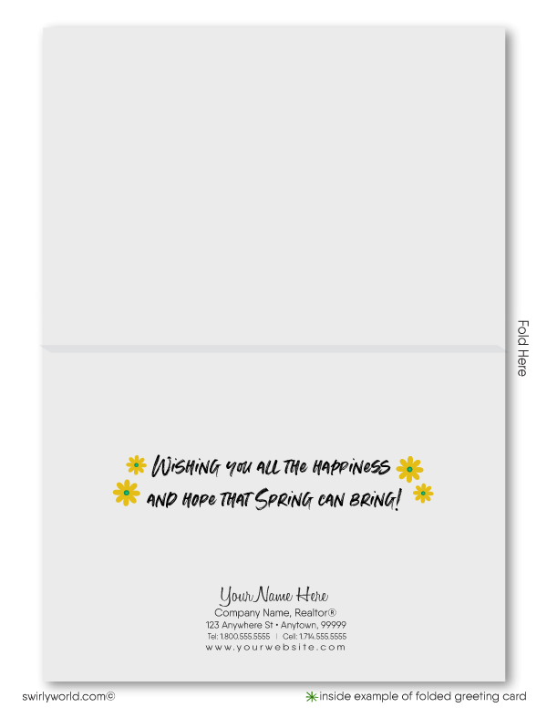 Fresh spring card featuring a green modern house with daisies and leafy accents on a kraft-style backdrop. Customizable message and realtor-friendly design!