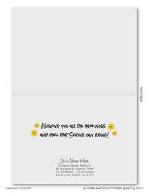 Beautiful springtime green house with daisy flowers coming out of chimney happy Spring greeting cards for Realtor® real estate marketing.