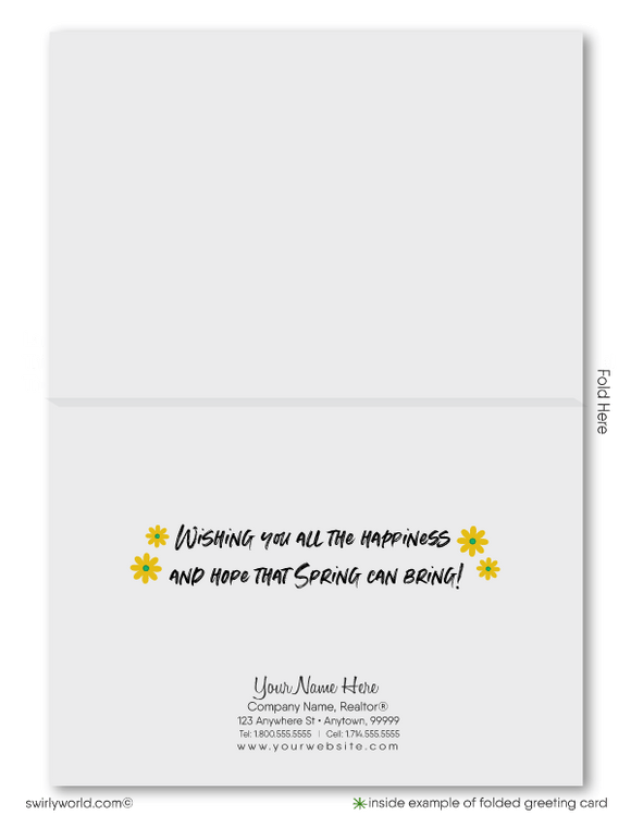 Fresh spring card featuring a green modern house with daisies and leafy accents on a kraft-style backdrop. Customizable message and realtor-friendly design!