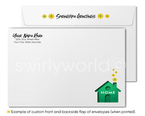 Beautiful springtime green house with daisy flowers coming out of chimney happy Spring greeting cards for Realtor® real estate marketing.