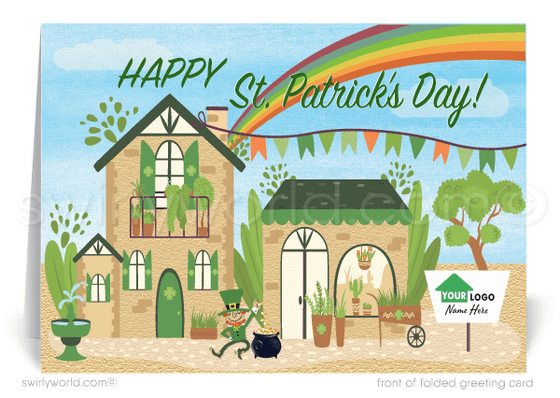 cute happy st. patrick's day cards for realtors. Real Estate marketing for St. Patrick's Day lucky to have you as a client. Cute green house with leprechaun and rainbow coming out of the chimney St. Patrick's Day cards for Realtors® and real estate agents.