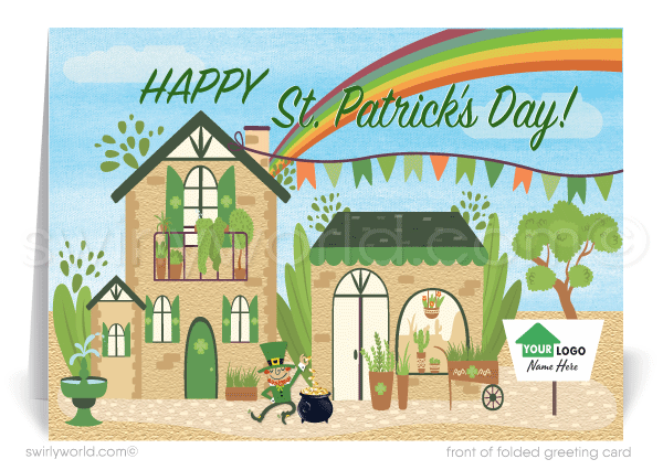 cute happy st. patrick's day cards for realtors. Real Estate marketing for St. Patrick's Day lucky to have you as a client. Cute green house with leprechaun and rainbow coming out of the chimney St. Patrick's Day cards for Realtors® and real estate agents.
