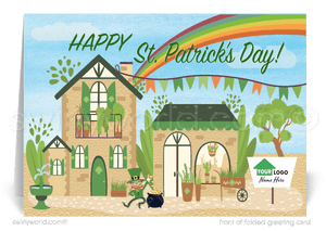 cute happy st. patrick's day cards for realtors. Real Estate marketing for St. Patrick's Day lucky to have you as a client. Cute green house with leprechaun and rainbow coming out of the chimney St. Patrick's Day cards for Realtors® and real estate agents.