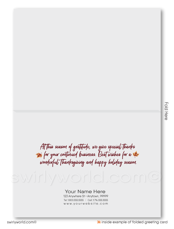 Celebrate Thanksgiving with Swirly World's whimsical greeting card, featuring a vibrant autumn tree with colorful leaves in rich fall hues. Crafted on premium card stock, choose flat or folded options. Add custom imprinted envelopes for a personal touch and make a lasting impression this fall season!