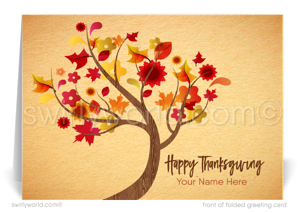 Celebrate Thanksgiving with Swirly World's whimsical greeting card, featuring a vibrant autumn tree with colorful leaves in rich fall hues. Crafted on premium card stock, choose flat or folded options. Add custom imprinted envelopes for a personal touch and make a lasting impression this fall season!