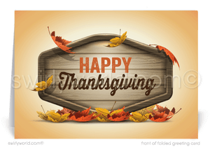 Celebrate Thanksgiving with Swirly World’s elegant business cards, featuring cascading golden autumn leaves and a "Happy Thanksgiving" banner. Perfect for expressing gratitude to clients, these premium cards are customizable to reflect your brand and message, creating a memorable touch this season.