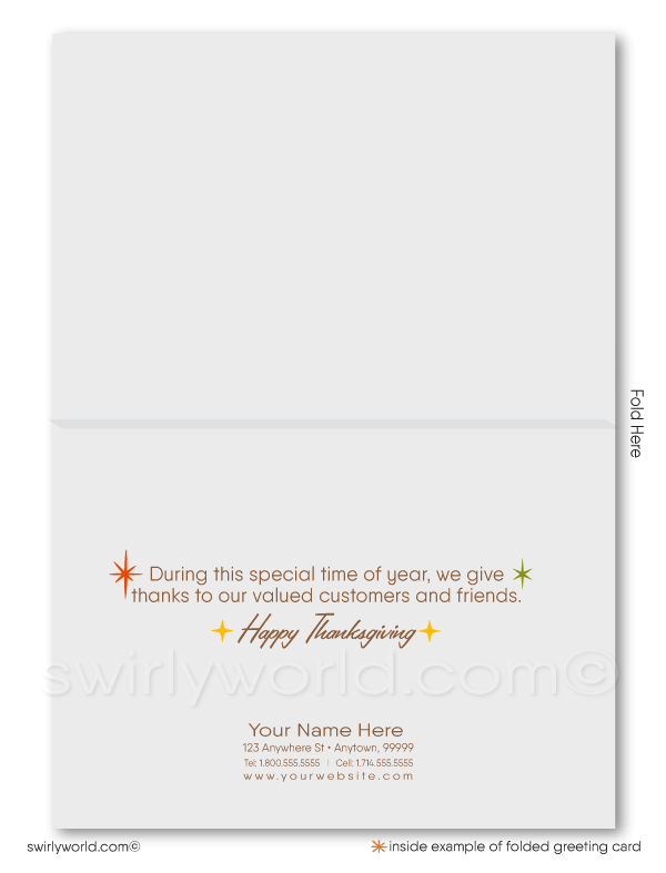 Step back to the 1950s with Swirly World's Retro Modern Thanksgiving card! Featuring abstract leaves and iconic atomic starbursts, this card is customizable via Corjl. Printed on premium cardstock, available in flat or folded styles, with optional custom envelopes to add a personalized touch.